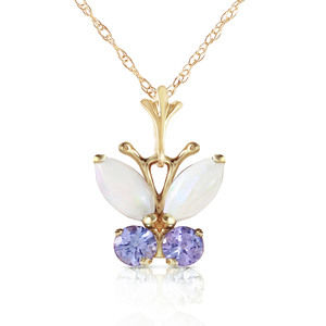 14K. GOLD BUTTERFLY NECKLACE WITH OPALS & TANZANITES (Yellow Gold)